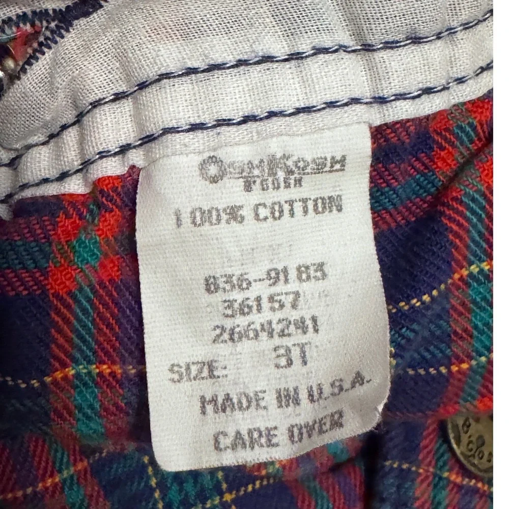 Vintage OshKosh B'gosh Kids Plaid Overalls Size 3T Cotton‎ Blue Red Green Tan v2
